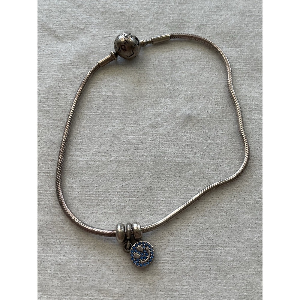 Pandora Me sterling silver snake chain bracelet Pave Blue Smiley Face Charm 925